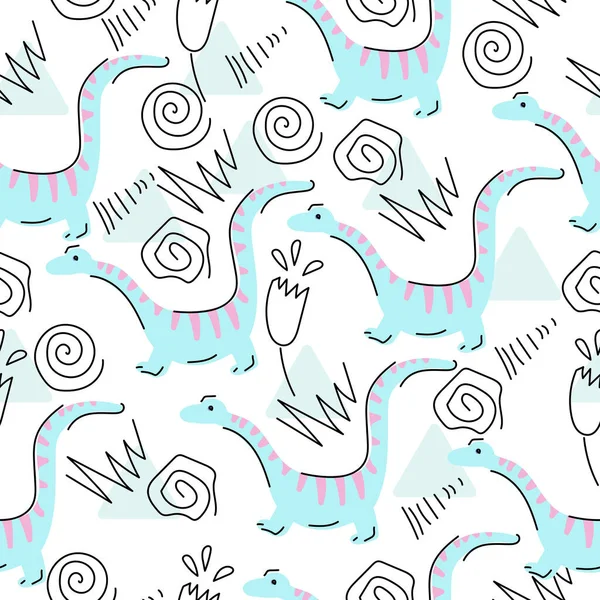 Симпатичный Рисунок Диплодоком Линейными Каракулями Мультяшными Голубыми Динозаврами Белом Фоне — стоковый вектор