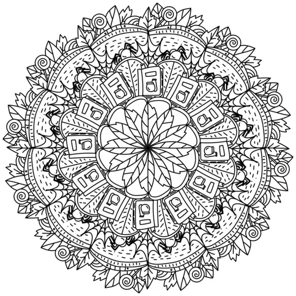 Mandala Para Halloween Página Para Colorear Con Libros Mágicos Telarañas — Vector de stock