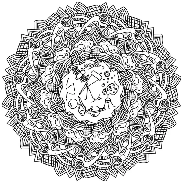 Mandala Scientifique Sur Astronomie Espace Les Phénomènes Spatiaux Coloriage Décoré — Image vectorielle