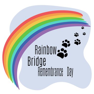 Gökkuşağı Köprüsü Anma Günü, Gökkuşağı yayı ve tematik bir sancak vektör illüstrasyonu için evcil hayvan ayak izleri