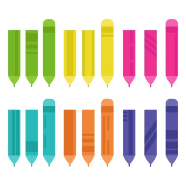 Silgi vektör çizimi olsun ya da olmasın düz bir şekilde parlak çok renkli kalemler kümesi