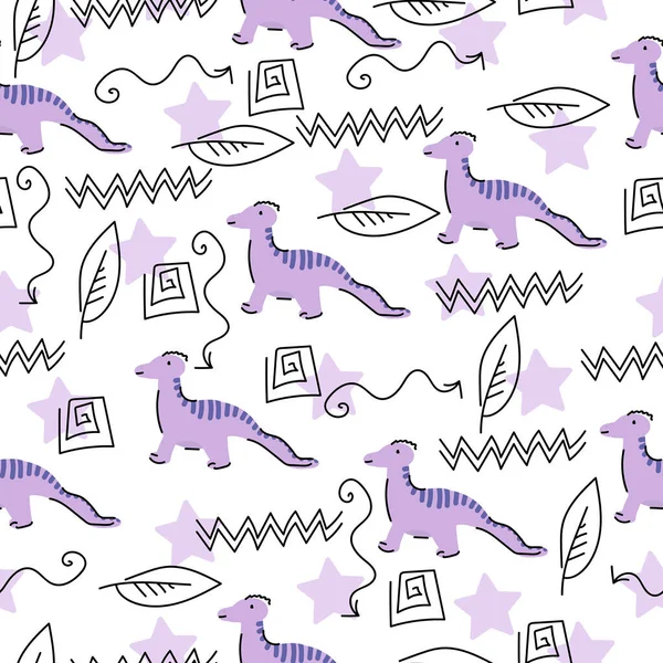Симпатичный Рисунок Динозаврами Линейными Каракулями Мультяшные Животные Фиолетовом Белом Фоне — стоковый вектор