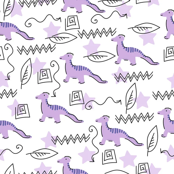 Padrão Bonito Com Dinossauros Doodles Lineares Animais Desenhos Animados Roxo — Vetor de Stock