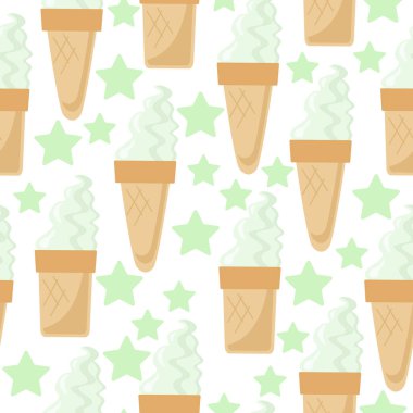 Ice cream cone and cup seamless pattern, cold dessert and delicate stars on a white background vector illustration