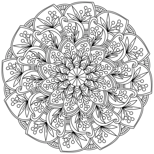 Mandala Orné Branches Baies Feuilles Page Colorier Méditative Avec Motif — Image vectorielle