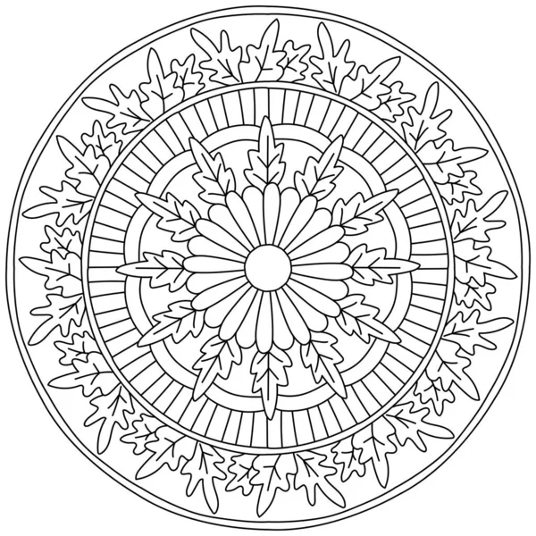 Liniowa Mandala Rzeźbionymi Liśćmi Wielowarstwowym Kwiatem Środku Kolorowanki Elementami Roślinnymi — Wektor stockowy