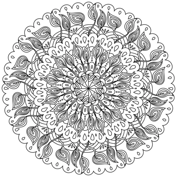 Mandala Ornamentada Com Penas Pavão Página Coloração Meditativa Forma Círculo — Vetor de Stock