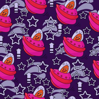 Pembe uzay gemisindeki komik turuncu uzaylı