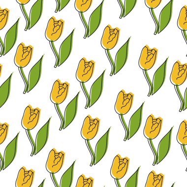 Sarı çiçekli lalelerin kusursuz deseni, beyaz arka plan çiziminde yeşil yapraklı narin karalama bitkileri.