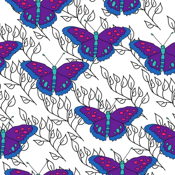 자주색 나비의우아 무늬와 삽화에 나오는 부드러운 잔가지 — 스톡 벡터