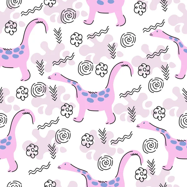 Симпатичный Рисунок Динозаврами Линейными Каракулями Розовые Мультяшные Животные Белом Фоне — стоковый вектор