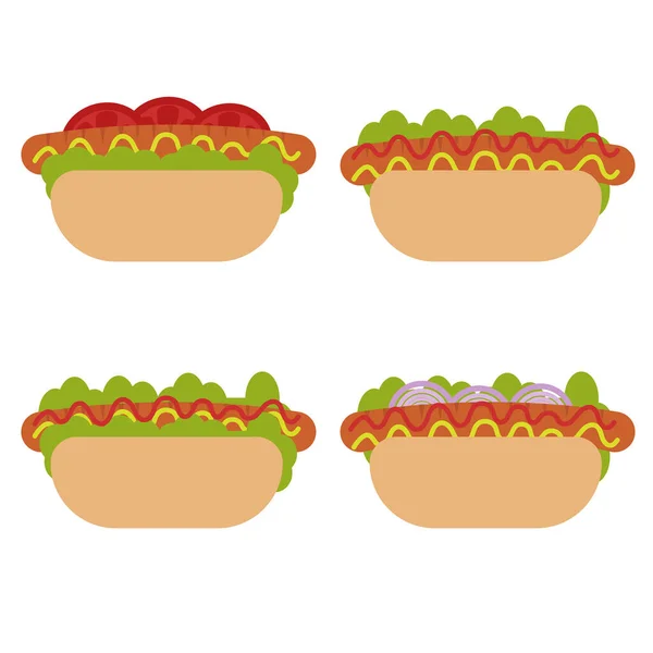 Set Hot Dogs Flachen Stil Verschiedene Arten Von Fast Food — Stockvektor