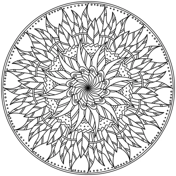 Yaprak Desenlerle Süslü Mandala Sonbahar Meditasyon Zen Renk Sayfası Illüstrasyon — Stok Vektör