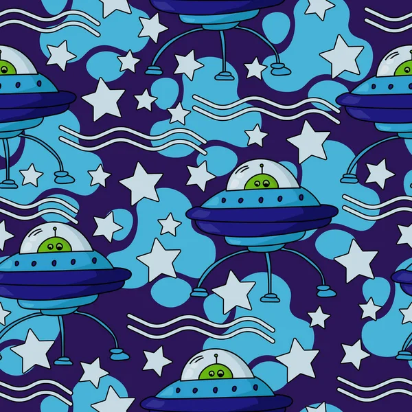 Green alien in a blue spaceship seamless pattern, UFO and stars on a dark purple background vector illustration