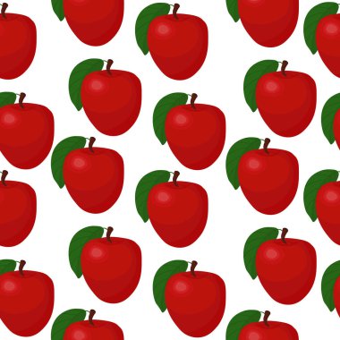 Beyaz arka planda yeşil yaprakları olan olgun kırmızı elmasız desen organik gıda ambalajı, mutfak tekstili veya sscrapbook için klasik meyve izi.