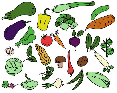 Oyuncu bir karalama tarzında el yapımı sebze çizimleri. Tasarım için renkli düz illüstrasyon koleksiyonu