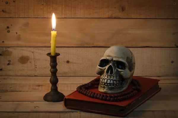Still life photography  with human skull on wood background