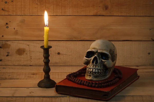Still life photography  with human skull on wood background