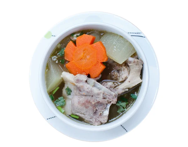 Χειμώνας σούπα πεπονιού με χοιρινό κρέας ανταλλακτικά πλευρού σε ξύλο φόντο. — Φωτογραφία Αρχείου