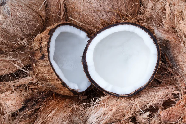 Frische Kokosnuss auf brauner Schale — Stockfoto