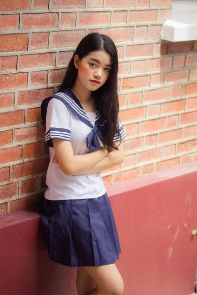 Japonês Teen Bela Menina Estudante Uniforme Feliz Relaxar — Fotografia de Stock