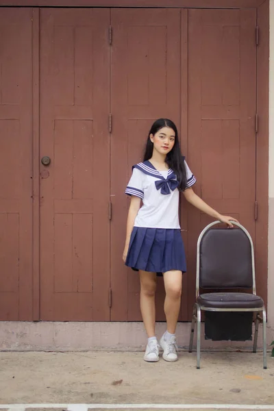 Japonês Teen Bela Menina Estudante Uniforme Feliz Relaxar — Fotografia de Stock