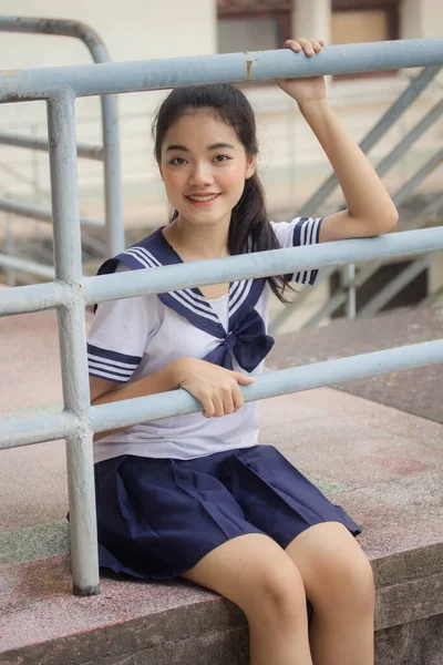 Japansk Tonåring Vacker Flicka Student Uniform Glad Och Koppla — Stockfoto