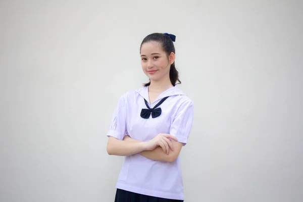 Ásia Tailandês Júnior Estudante Ensino Médio Uniforme Bela Menina Sorriso — Fotografia de Stock