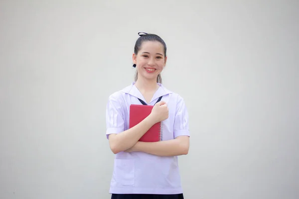 Azjatyckie Tajski Gimnazjum Student Mundur Piękny Dziewczyna Uśmiech Relaks — Zdjęcie stockowe