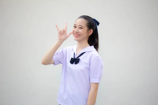 Asya Thai Ortaokulu Öğrencisi Üniforması Güzel Kız Seni Seviyor — Stok fotoğraf