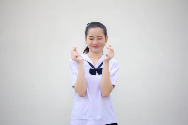 Retrato Tailandês Júnior Estudante Ensino Médio Uniforme Bela Menina Dar — Fotografia de Stock