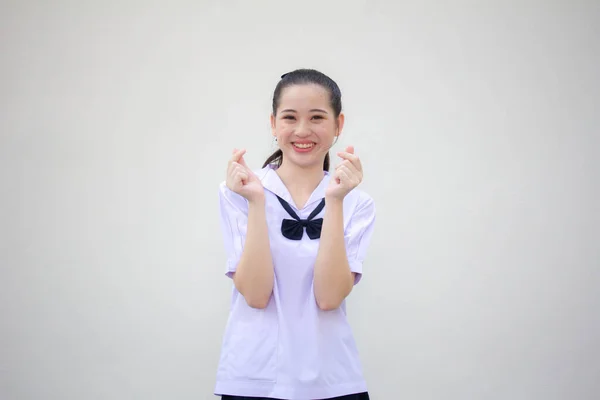 Retrato Tailandês Júnior Estudante Ensino Médio Uniforme Bela Menina Dar — Fotografia de Stock