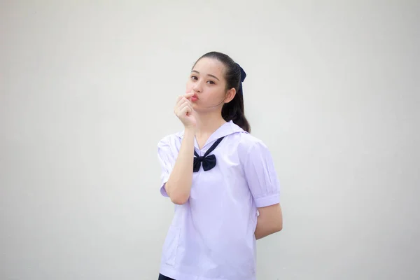 Retrato Tailandês Júnior Estudante Ensino Médio Uniforme Bela Menina Dar — Fotografia de Stock