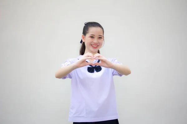 Portrait Thai Junior High School Student Uniform Beautiful Girl Give — Stock Photo, Image