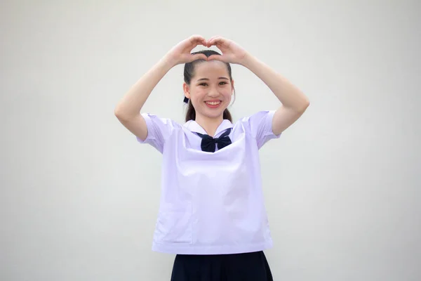 Retrato Tailandês Júnior Estudante Ensino Médio Uniforme Bela Menina Dar — Fotografia de Stock