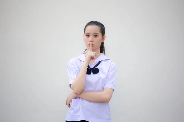 Retrato Tailandês Júnior Estudante Ensino Médio Uniforme Bela Menina Silenciosamente — Fotografia de Stock