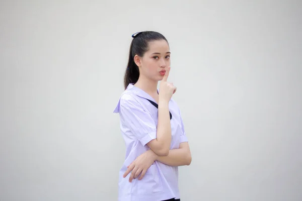 Portrait Thai Junior Lycéen Uniforme Belle Fille Silencieusement — Photo