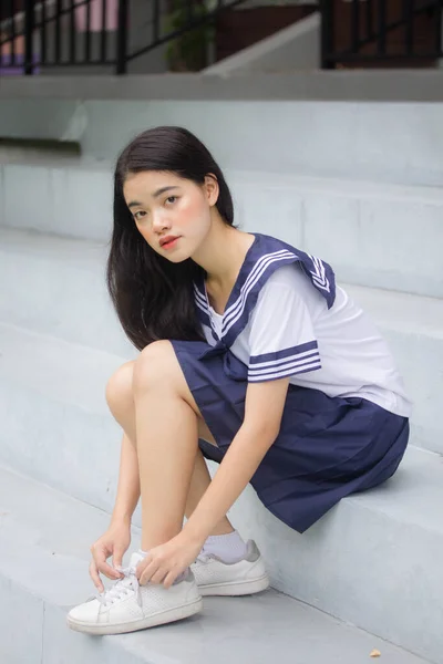 Japonés Adolescente Hermosa Chica Estudiante Uniforme Feliz Relajarse — Foto de Stock
