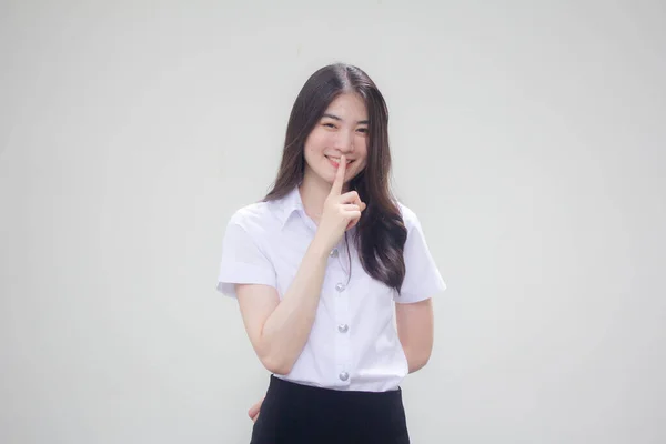 Tailandês Adulto Estudante Universidade Uniforme Bela Menina Silenciosamente — Fotografia de Stock