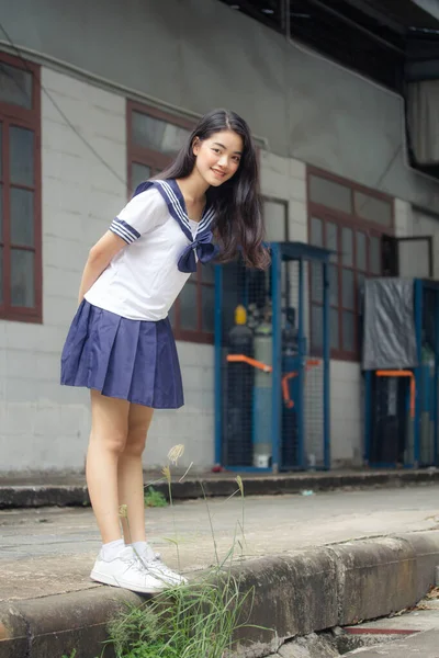 Japonês Teen Bela Menina Estudante Uniforme Feliz Relaxar — Fotografia de Stock