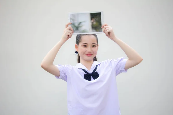 Ásia Tailandês Júnior Estudante Ensino Médio Uniforme Bela Menina Mostrar — Fotografia de Stock