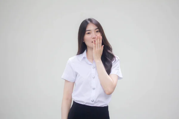 Thai Volwassen Student Universiteit Uniform Mooi Meisje Verrast — Stockfoto