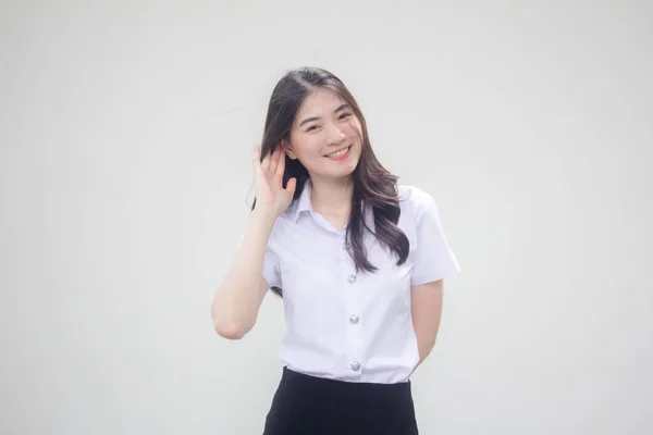 Tailandês Adulto Estudante Universidade Uniforme Bela Menina Ouvir — Fotografia de Stock
