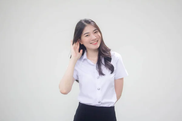 Thai Vuxen Student Universitet Uniform Vacker Flicka Lyssna — Stockfoto