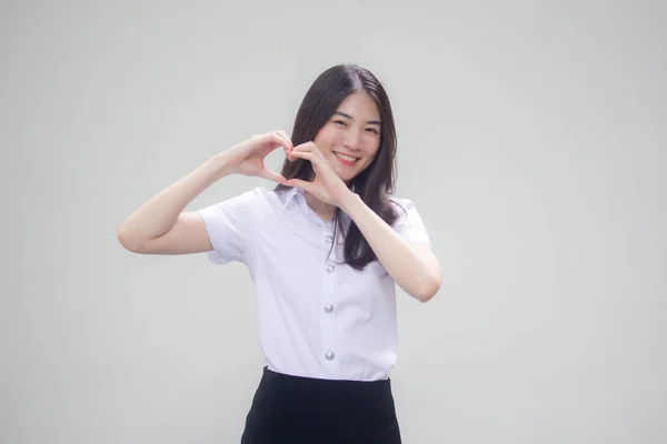 Tailandês Adulto Estudante Universidade Uniforme Bela Menina Dar Coração — Fotografia de Stock