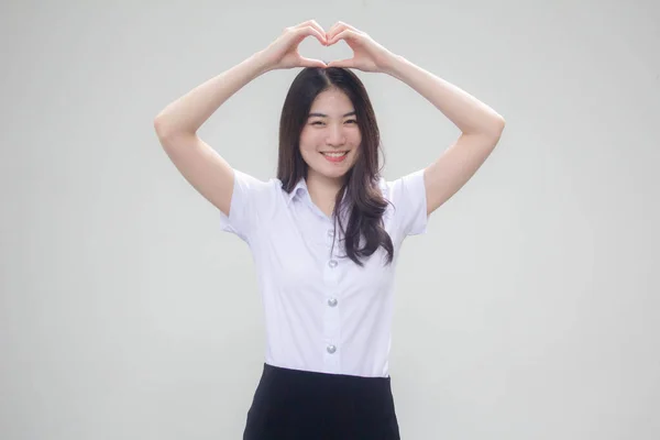 Thai Adult Student University Uniform Beautiful Girl Give Heart — Stock Photo, Image