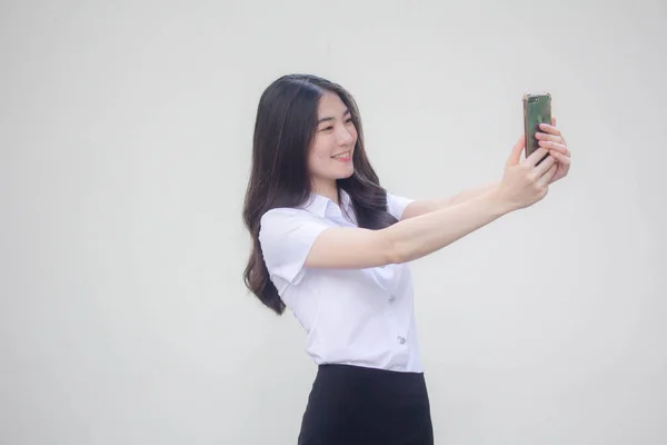 Thai Adult Student University Uniform Beautiful Girl Using Her Smart — Stock Photo, Image