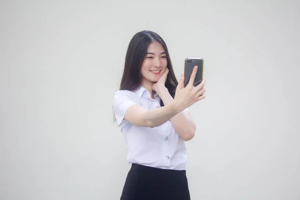 Thai Volwassen Student Universiteit Uniform Mooi Meisje Met Behulp Van — Stockfoto