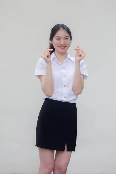 Thai Erwachsene Studentin Universität Uniform Hübsch Mädchen Geben Mini Herz — Stockfoto