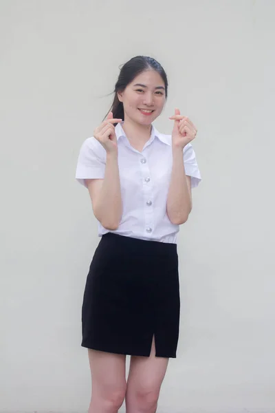 Tailandês Adulto Estudante Universidade Uniforme Bela Menina Dar Mini Coração — Fotografia de Stock